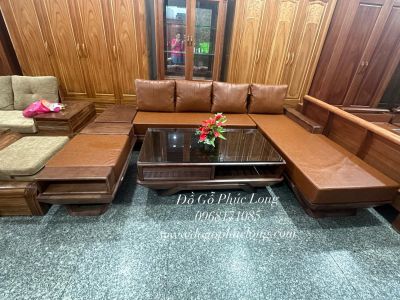 sofa gỗ sồi A1 lau màu óc chó - Góc L chân thuyền cao cấp