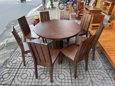 Bàn ăn tròn 8 ghế gỗ Sồi lau màu Óc Chó cao cấp