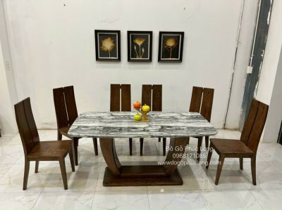 bàn ăn mặt đá gỗ sồi lau màu óc chó cao cấp mẫu chân chữ U